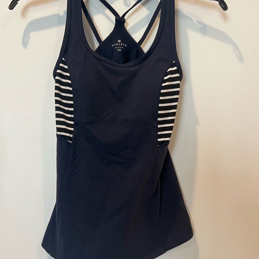 Athleta Dark Blue Tank with Black and White Stripes